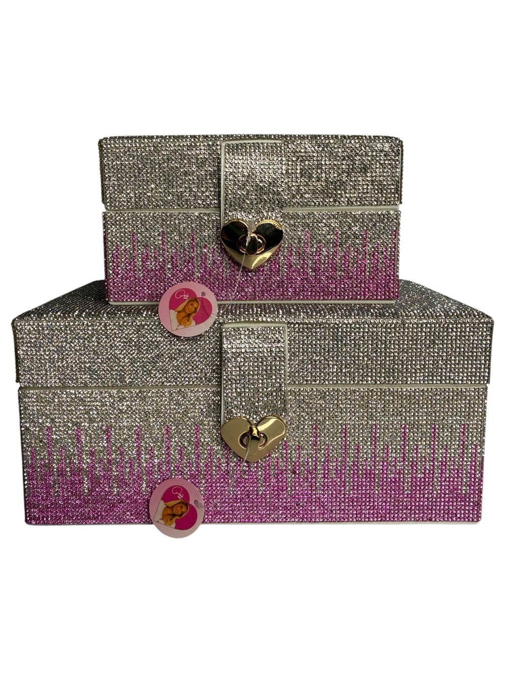 Paris Hilton Ombré Pink Silver Rhinestone Decorative Storage jewelry box Set